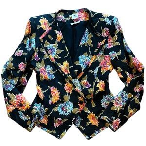 EUC Emanuel Ungaro Vintage Linen Blazer Black Floral Size 4